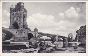 Postkarte der alten Rheinbrücke bei Worms (heute Nibelungenbrücke)