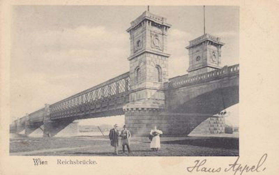 Postkarte der alten Reichsbrücke in Wien (Kronprinz-Rudolf-Brücke)