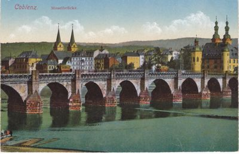 Postkarte der alten Moselbrücke Koblenz