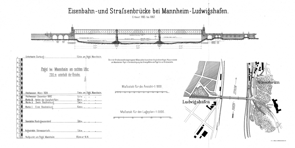 Zeichnung Eisenbahn- und Straßenbrücke bei Mannheim - Ludwigshafen